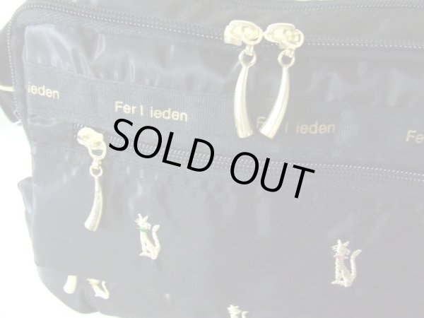 画像7: ポケット７つ付き猫刺繍ショルダーバッグ黒 (7)