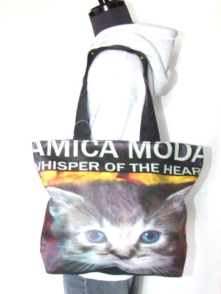 画像8: ＜値下げ＞愛猫家におすすめ！レディース向けおしゃれでかわいい小猫顔転写プリントトートバッグ (8)