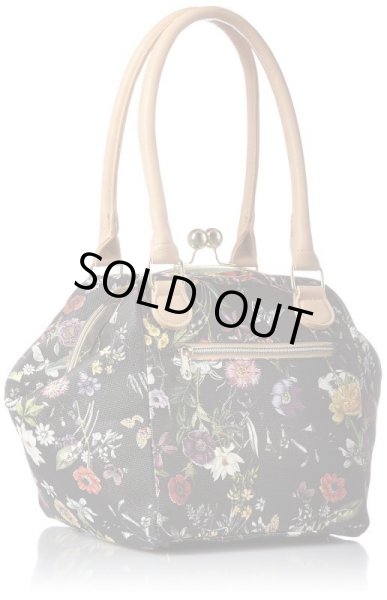 画像2: 絵画風フラワー柄がま口手提げバッグ黒 (2)