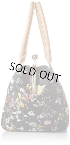 画像4: 絵画風フラワー柄がま口手提げバッグ黒 (4)