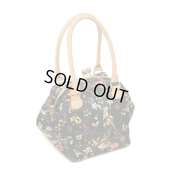 画像3: 絵画風フラワー柄がま口手提げバッグ黒 (3)