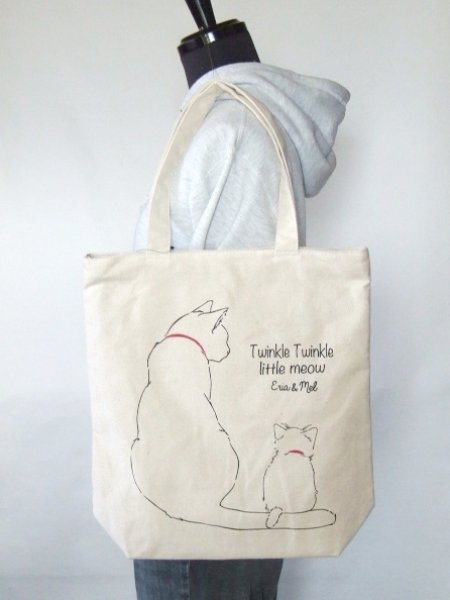 画像10: レディース猫の親子のかわいいイラスト天ファスナートートバッグ／アイボリー (10)