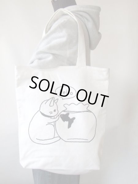 画像7: レディース＆女の子向け猫イラスト天ファスナー帆布キャンバストートバッグ／金魚【メール便ok】 (7)