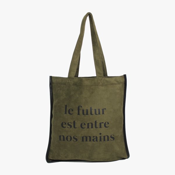 画像2: パイピングスエード調お洒落な英字プリントトートバッグ／カーキ (2)