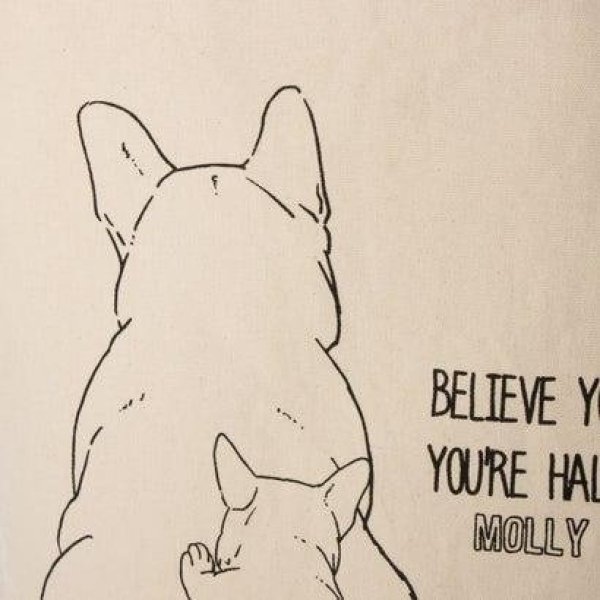 画像9: ブルドッグ親子イラスト愛らしい天ファスナー帆布キャンバストートバッグ／アイボリー (9)