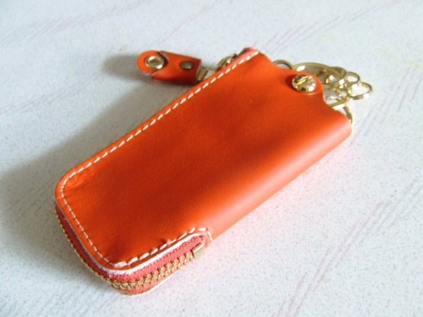 画像4: 高級レザー本革キーケース４連キーリング・メンズ＆レディース／オレンジ＜sale> (4)