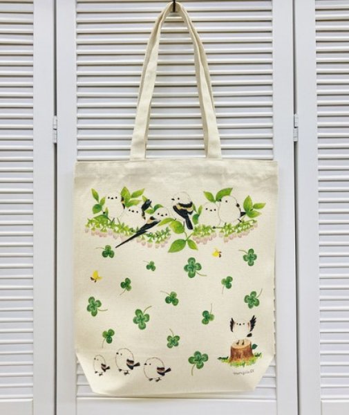 ブルーベリーの花とシマエナガかわいい小鳥プリント帆布トートバッグ