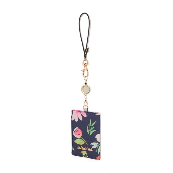画像1: 可愛らしくおしゃれな花柄のリール付きシングルICカードケース/ネイビー (1)