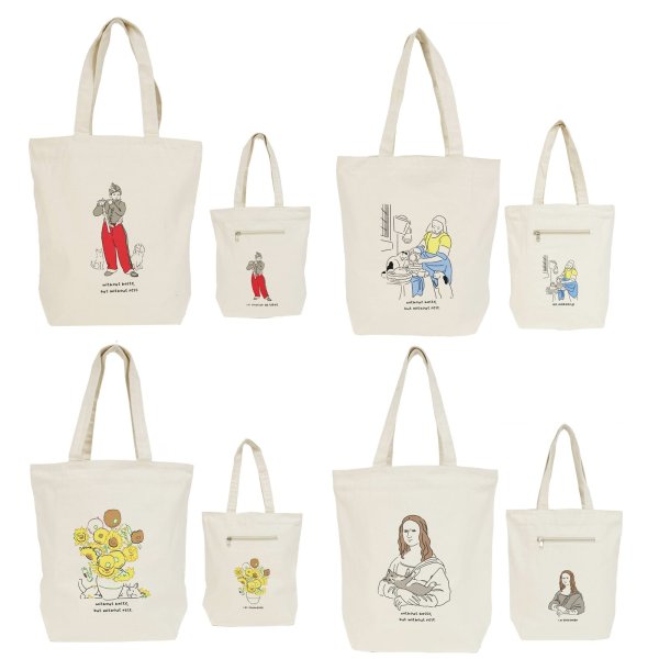 画像2: レディース絵画グラフィックキャンバストートバッグ／モナリザと猫 (2)