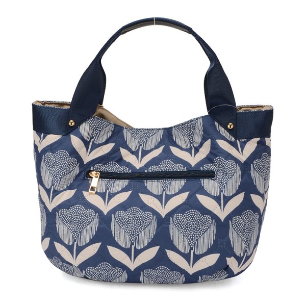 画像2: 北欧風花柄プリント軽量キルティングハンドバッグチャーム付き /ネイビー (2)