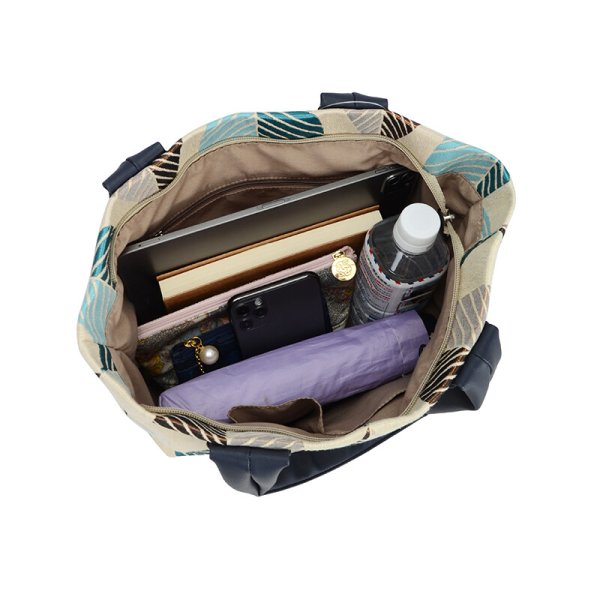 画像4: セットでお得！スマホショルダー付きリーフ柄ジャガードトートバッグ/ネイビー (4)