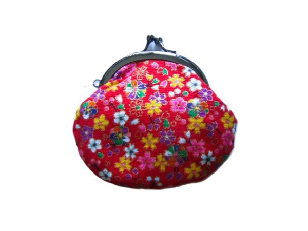 画像1: 色鮮やかな小花柄が可愛い手のひらサイズの丸がま口財布／赤 (1)