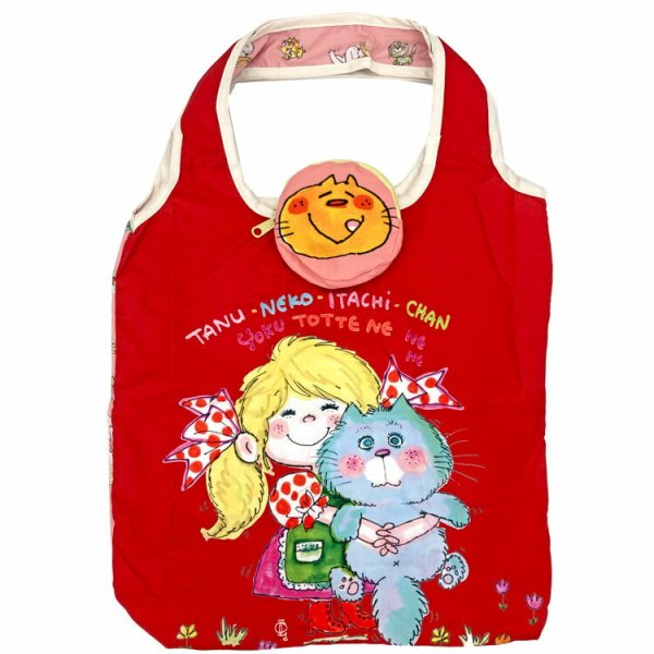 画像2: 水森亜土かわいい収納ポーチ付きリバーシブルショッピングエコバッグ（２色有） (2)