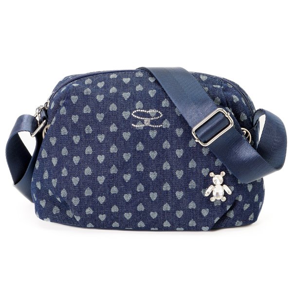 画像2: サボイ(SAVOY)クマのビジューハート柄がかわいいデニム系素材のショルダーバッグ/ネイビー (2)