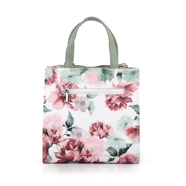 画像3: 鮮やかな花柄が目を引く華やかで上品な３室式手提げバッグ/プリント柄B-ホワイト (3)