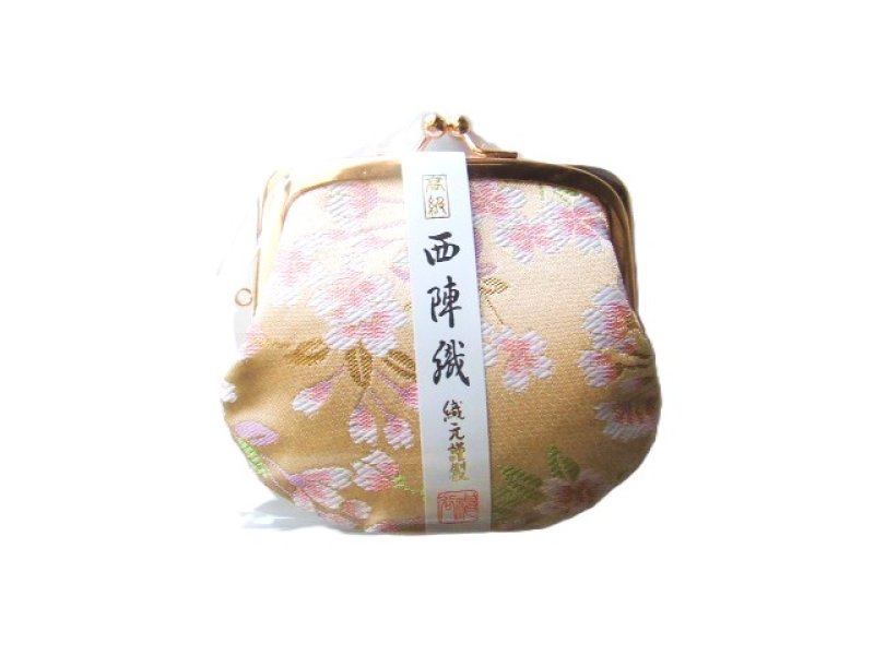 画像1: 西陣織 3.3寸がま口財布 職人手作り/ベージュx桜（日本製） (1)