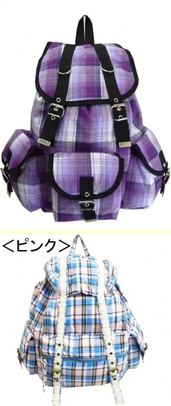 【新入荷】銀糸入りチェック柄３Ｐリュック＆レース付属チェック柄３Ｐリュックサック
